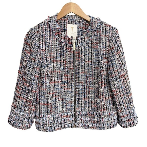 Ted Baker Tweed Fringe Full Zip Jacket Sz 3 - Picture 3 of 13